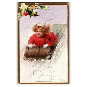 Vintage 1908 Dennison Christmas Postcard Girl Sledding Undivided Back Sled Snow